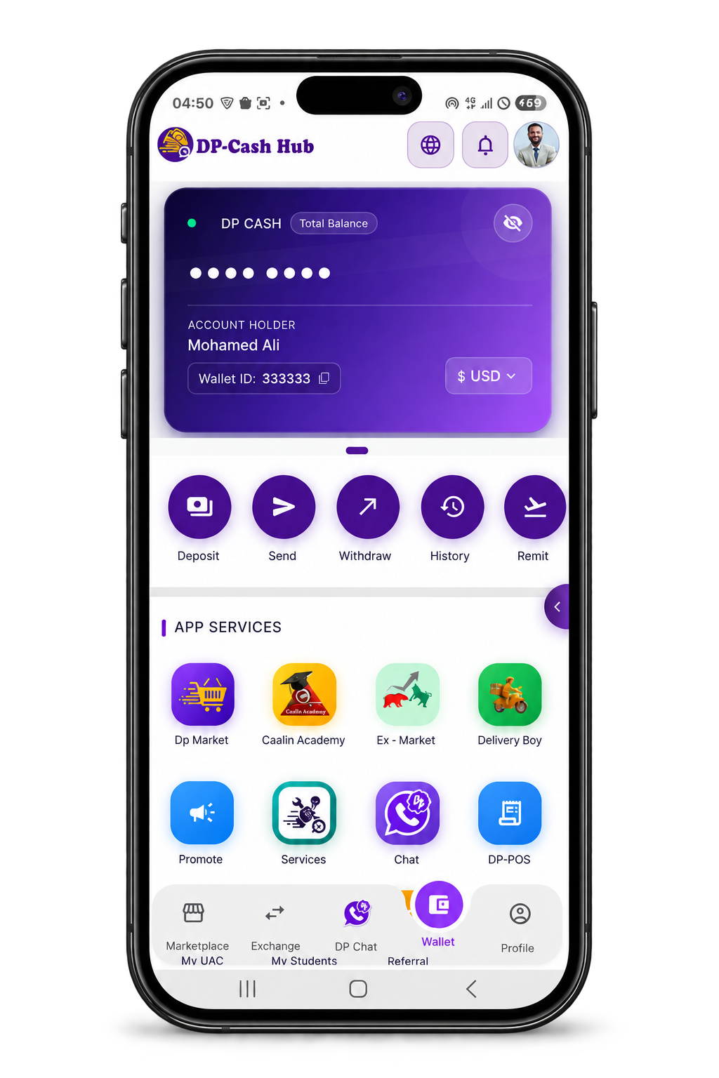 DP Cash Hub wallet displayed on an iPhone 18 Pro Max